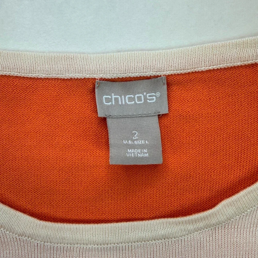 Chicos Orange Pink Floral‎ Intarsia Cotton Lyocell Knit Sweater Top Size 2